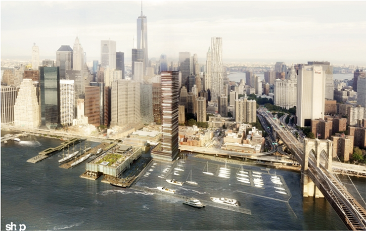 Howard Hughes Corp.’s proposed tower, plus marina, at the site of the New Market Building. The developer reduced the building’s proposed height from 650 feet to 494 feet before withdrawing the plan in 2015. Rendering: SHOP Architects/Howard Hughes Corp.